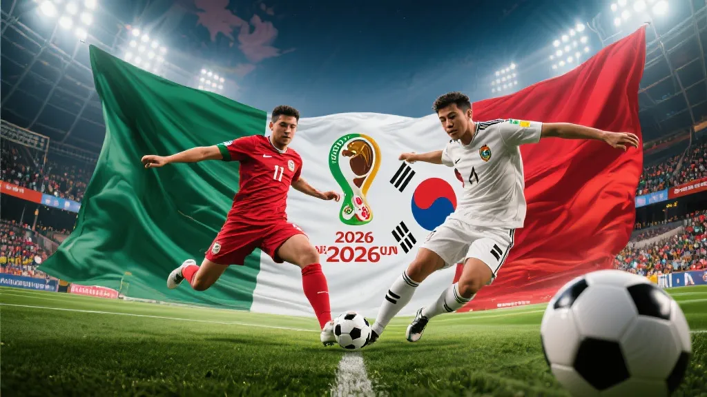 2026世界杯墨西哥与韩国对决海报，热烈动感的足球场背景