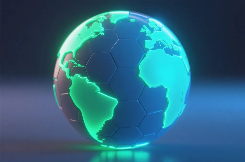 A stylized abstract 3D globe with subtle pentagonal soccer ball patterns on its surface, glowing with futuristic green and blue lights.
