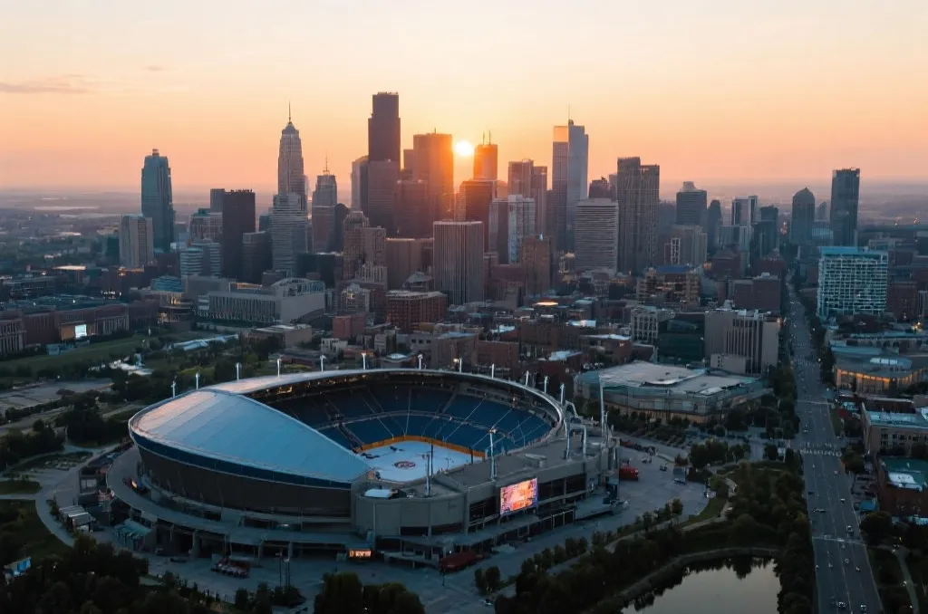 Aerial view of a vibrant North American city skyline at sunset